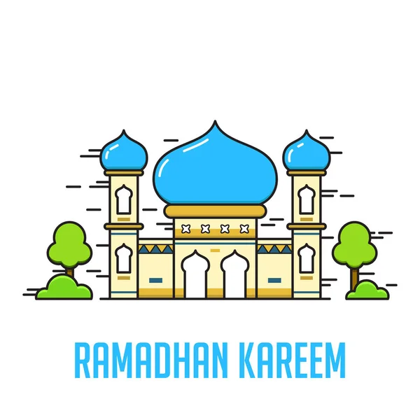 Ramadhan kareem, eid mubarak, eid al fitr, celebración de la tarjeta de felicitación, colorida mezquita de ilustración con caligrafía — Archivo Imágenes Vectoriales