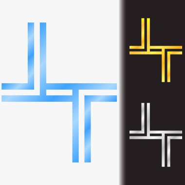 İlk harf Tt premium mavi metalik beyaz arka planda küçük harf logo şablonu ve altın ve gümüş renkte özel önizleme döndürülmüş