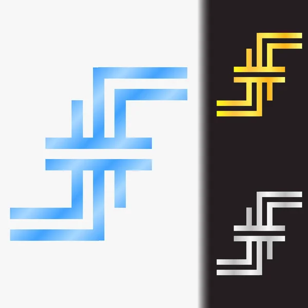 Carta inicial FF premium azul metálico girado en minúsculas plantilla de logotipo en fondo blanco, y vista previa personalizada en color oro y plata — Archivo Imágenes Vectoriales