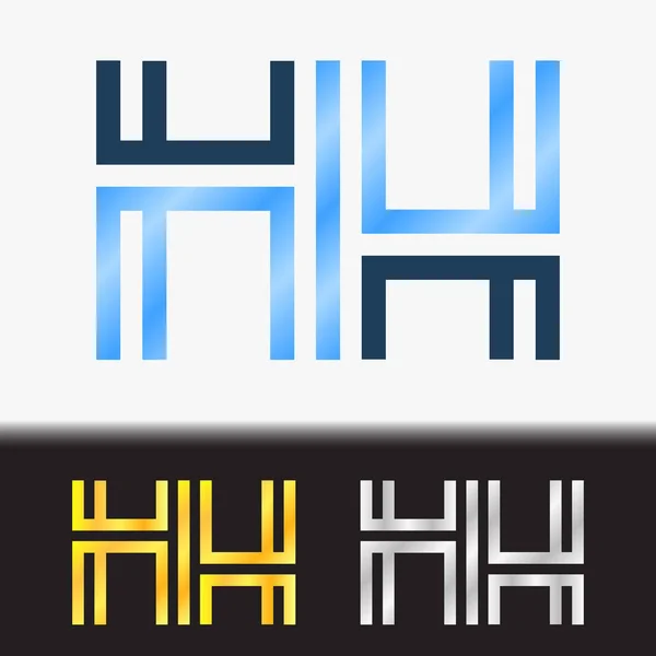 Letra inicial HH premium azul metálico girado en minúsculas plantilla de logotipo en fondo blanco, y vista previa personalizada en color oro y plata — Vector de stock