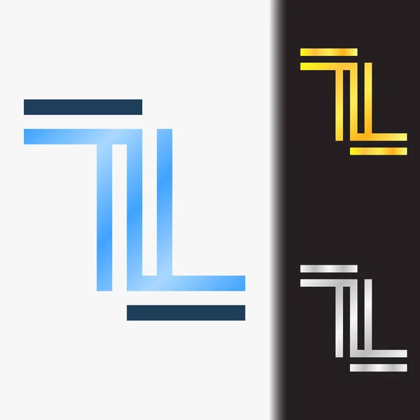 Letra inicial LL premium azul metálico girado en minúsculas plantilla de logotipo en fondo blanco, y vista previa personalizada en color oro y plata — Archivo Imágenes Vectoriales
