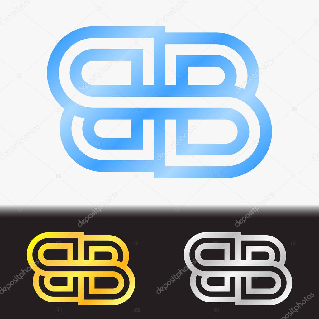 Initial letter BB premium blue metallic rotated lowercase logo template in white background, and custom preview in gold and silver color