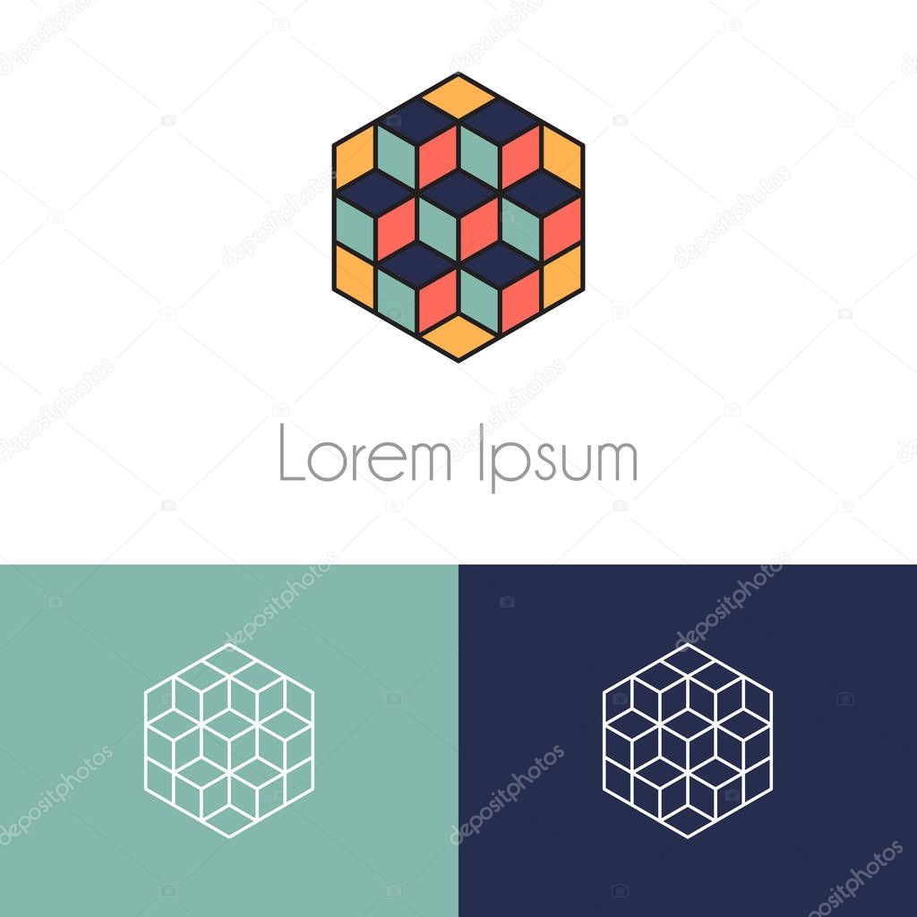 Colorful logo template, geometrical symbol with two preview monochrome for company brand