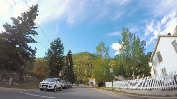 Conducir a través del bosque alpino en el otoño . — Vídeo de stock