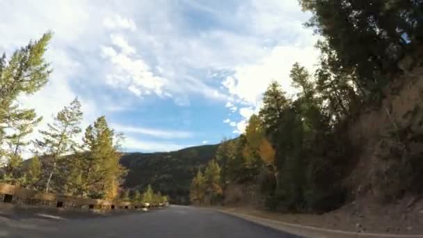 Conducir a través del bosque alpino en el otoño . — Vídeo de stock