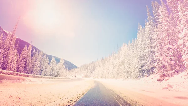 Ponto Vista Pov Condução Nas Montanhas Após Tempestade Neve — Fotografia de Stock