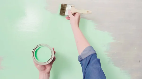 Home Inprovement Project Painting Wood Turquose Color Paint — Stock Photo, Image