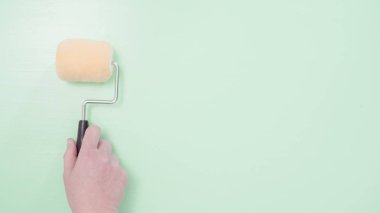 Boyalı yüzey üzerinde yeni boya silindiri.