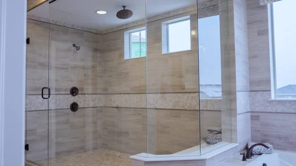 Modern master bathroom in luxury home.