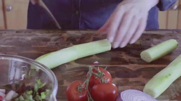 Lapso Tiempo Cortar Verduras Frescas Para Ensalada Primavera — Vídeo de stock