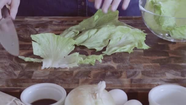 Trancher Des Légumes Frais Biologiques Pour Garnir Hamburger Gastronomique — Video