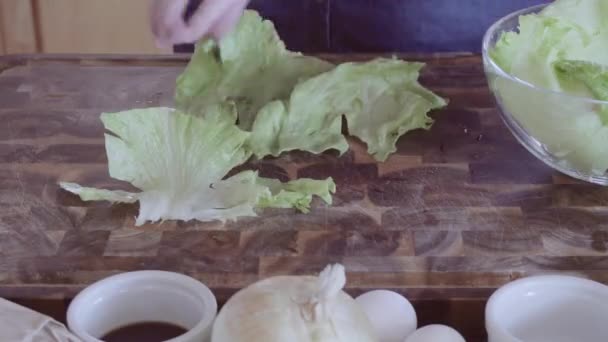 Desfasamento Temporal Corte Legumes Orgânicos Frescos Para Enfeite Hambúrguer Gourmet — Vídeo de Stock