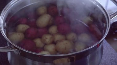 Küçük altın ve kırmızı patates pişirme tencereye kaynar.