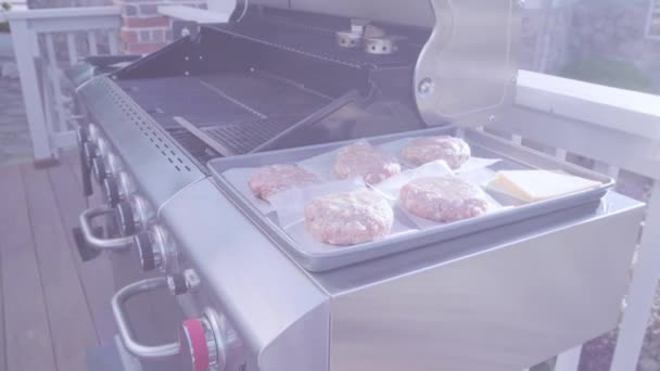 Cocinar Hamburguesa Carne Clásica Parrilla Gas Aire Libre — Vídeo de stock