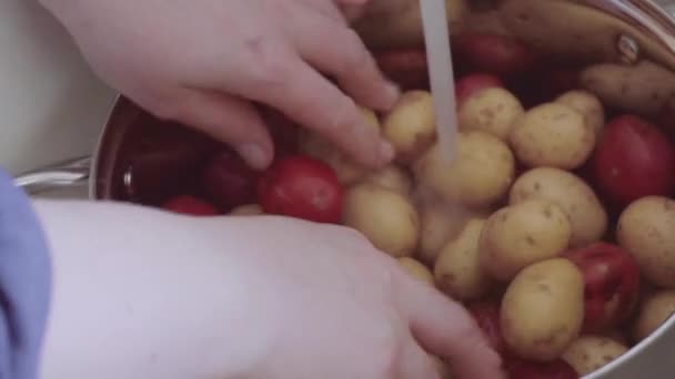 Petites Pommes Terre Rouges Dorées Laver Dans Passoire — Video