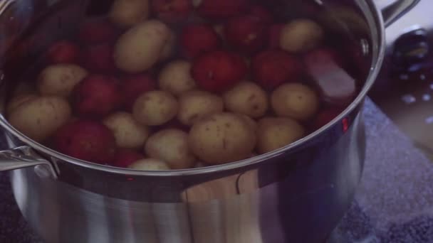 Koka Lite Guld Och Röda Potatis Stora Kokkärl — Stockvideo