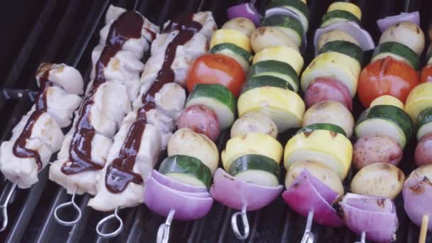 Step Step Grilling Veggie Skewers Chicken Kebabs Outdoor Gas Grill — Stock Video