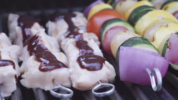 Step Step Grilling Veggie Skewers Chicken Kebabs Outdoor Gas Grill — Stock Video