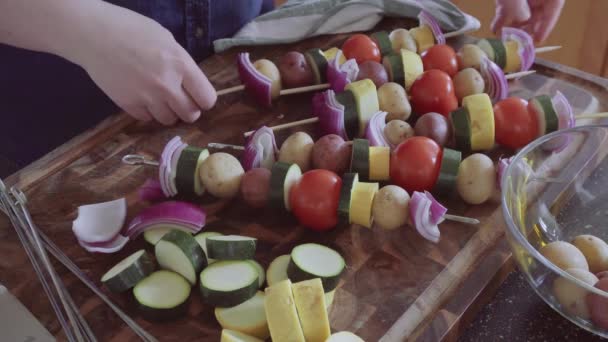 Step Step Threading Veggies Wood Skewers Outdoor Grilling — Stock Video