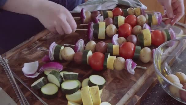 Time Lapse Step Step Threading Veggies Wood Skewers Outdoor Grilling — Stock Video