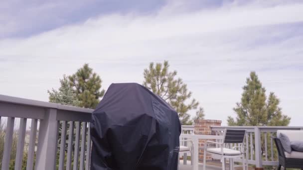 Stor Gasolgrill Täckt Med Svarta Locket Att Skydda Från Väder — Stockvideo