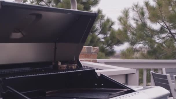 Six Burner Outdoor Gas Grill Open Lid Back Patio — Stock Video