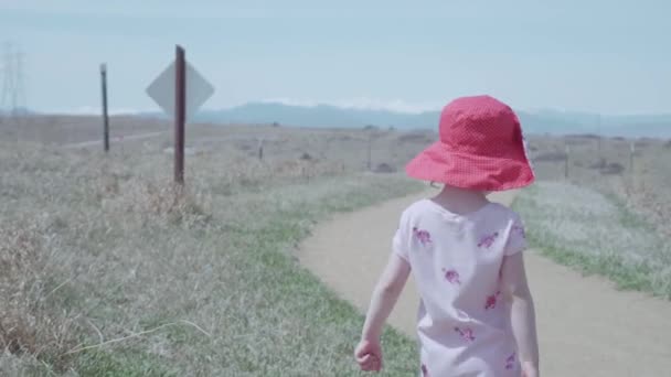 Mała Dziewczynka Chodzenie Ścieżki Rowerowej Podmiejskiej Dzielnicy — Wideo stockowe