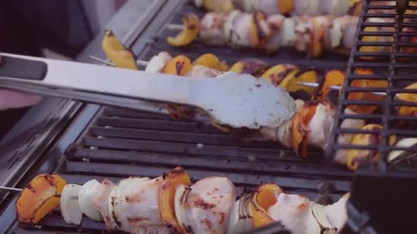 Steg Steg Koking Kyllingshish Kabobs Med Paprika Gul Løk Utendørs – stockvideo