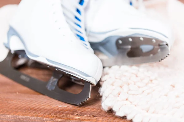 Close View New White Figure Skates Wooden Boards — Stock Photo, Image