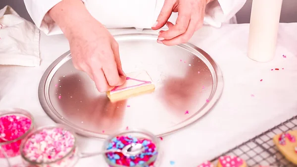 Step Step Decorating Sugar Cookies Royal Icing Sprinkles Valentine Day — Stock Photo, Image