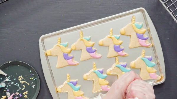 Ett Platt Ligg Dekorera Enhörning Socker Cookies Med Flera Färger — Stockfoto
