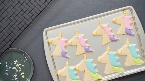 Ett Platt Ligg Dekorera Enhörning Socker Cookies Med Flera Färger — Stockfoto