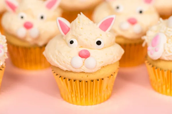 Easter Kelinci Cupcakes Latar Belakang Merah Muda — Stok Foto