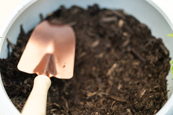 Small planting pot with topsoil and small garden shovel on a wooden table.
