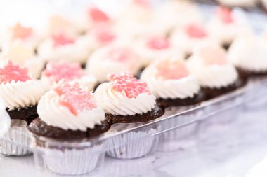 İtalyan tereyağı kremalı çikolatalı mini kekler. Parlak çikolatalı kar taneleriyle süslenmiş..