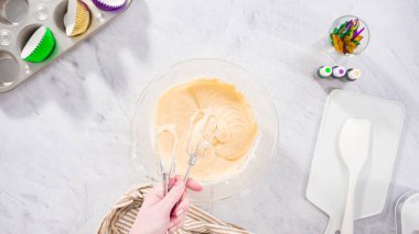 Düz yatıyordu. Adım adım. Vanilyalı Mardi Gras kekleri pişirmek için karışımı elektrikli mikserle karıştırıyorum..