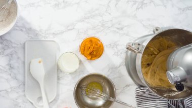 Düz yatıyordu. Kabak aromalı kek pişirmek için elektrikli mutfak mikserinin malzemelerini karıştırıyorum..