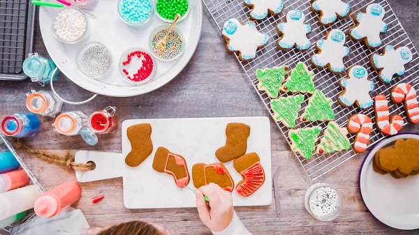 Byt Leží Krok Krokem Zdobení Perníku Cukr Cookie Royal Poleva — Stock fotografie