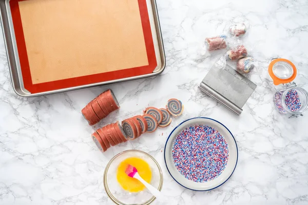 Flat Lay Baking Red White Blue Pinwheel Sugar Cookies July — Stock Photo, Image