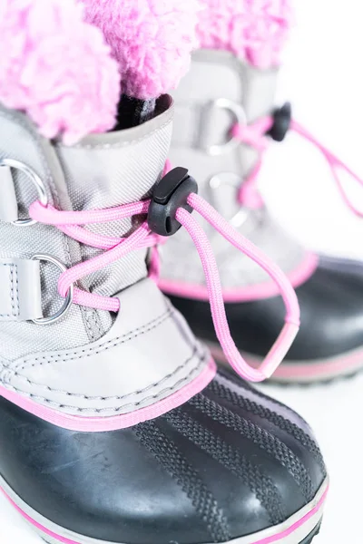 Cerca Niña Rosa Gris Botas Invierno Cálidas Impermeables Sobre Fondo —  Fotos de Stock