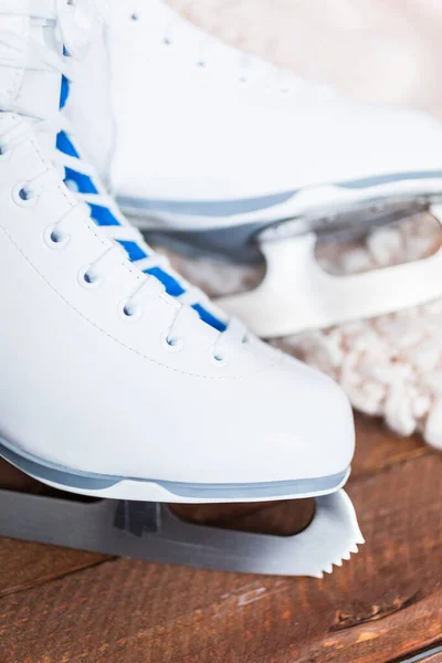 Close View New White Figure Skates Wooden Boards — Stock Photo, Image