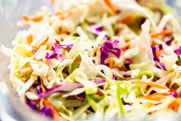 Close View Making Homemade Coleslaw Glass Bowl — Stock Photo, Image