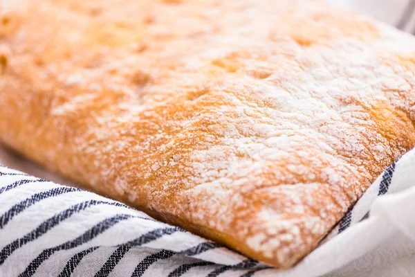 Loaf Freshly Baked Ciabatta Bread Gray Table — Stock Photo, Image