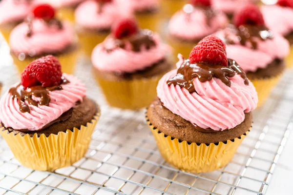 Gourmet Chocolate Raspberry Cupcakes Drizzled Chocolate Ganache Topped Fresh Raspberry — Stock Photo, Image