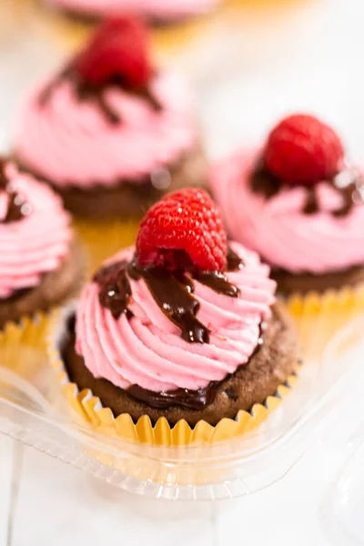 Verpackung Von Gourmet Schokolade Himbeer Cupcakes Transparente Kunststoffboxen — Stockfoto