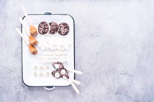 Byt Leží Škály Polevy Marshmallow Pro Horké Čokolády Kakaové Nápoje — Stock fotografie