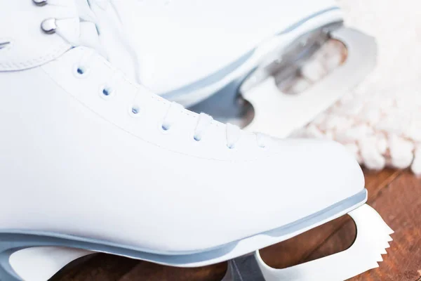 Close View New White Figure Skates Wooden Boards — Stock Photo, Image