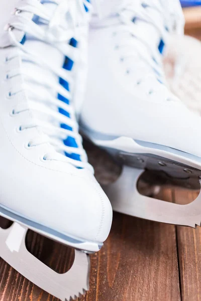 Close View New White Figure Skates Wooden Boards — Stock Photo, Image