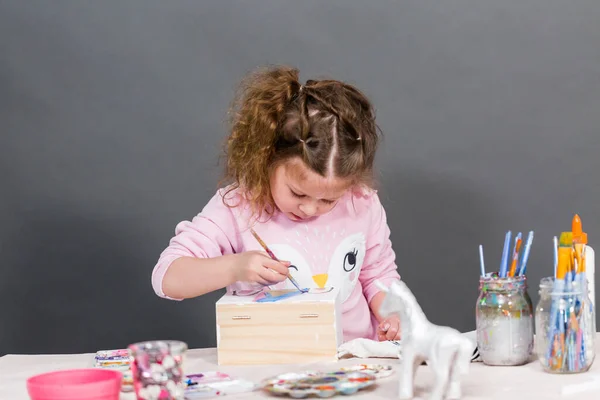Little Girl Painting Unicorn Wood Box Acrylic Paint — Stock Photo, Image