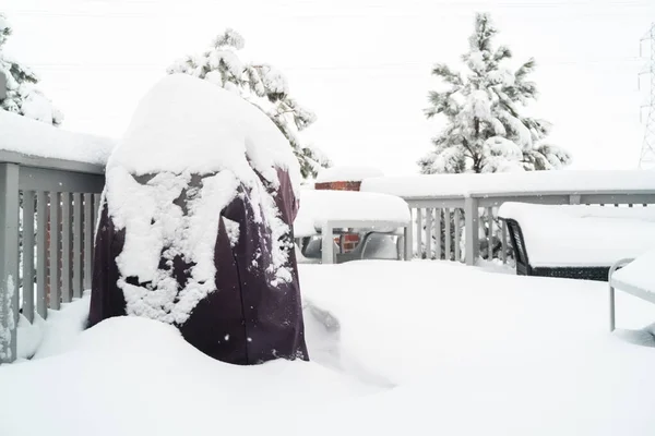 Grelha Gás Livre Coberta Com Neve Poarch Traseiro — Fotografia de Stock
